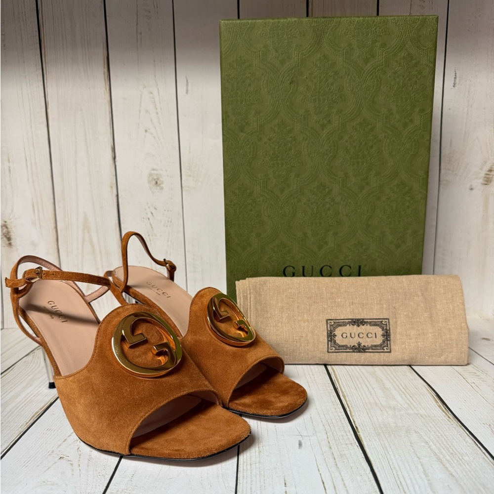 Gucci Suede Blondie Slingback Sandals Cognac Brown Sz 38 / 8